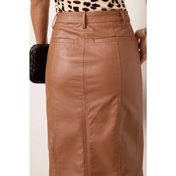 Sanctuary by Evereve Triple Threat Vegan Leather Midi Skirt Rawhide Camel Brown - Picture 3 of 5